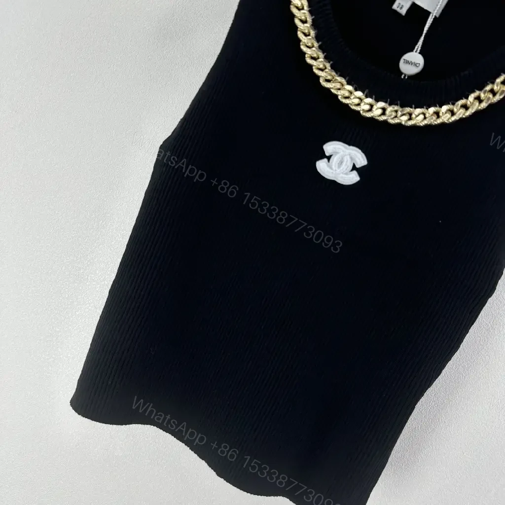 View 8 of Black Knit Tank with Gold Chain - Luxe Statement Top