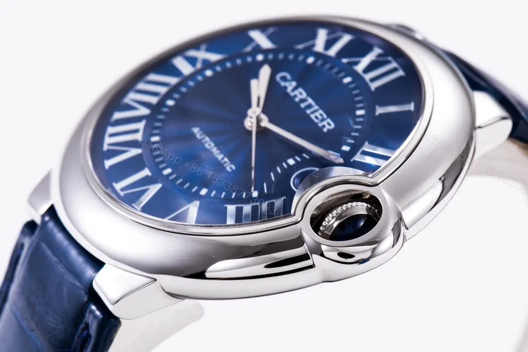 View 5 of JF Factory Cartier Ballon Bleu 42mm Blue Dial Stainless Steel Automatic Watch with Mississippi Alligator Leather Strap