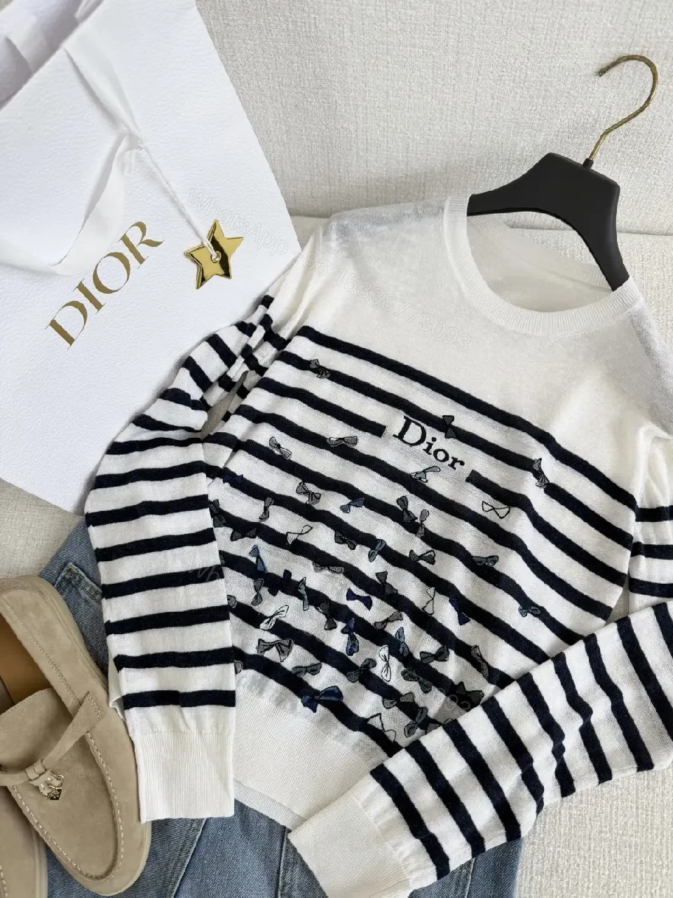 View 2 of Cream Knit Sweater Navy Stripes, Embroidered Bows, Ribbed Crewneck