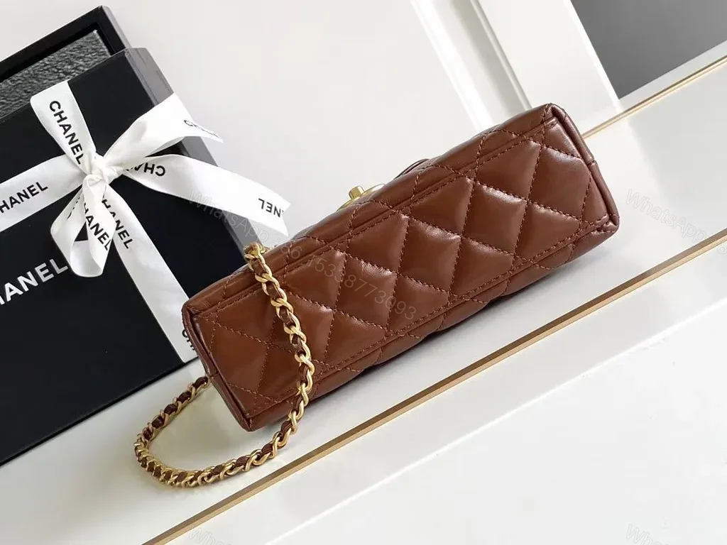 View 3 of Rich Brown Quilted Leather Shoulder Bag with Gold Hardware