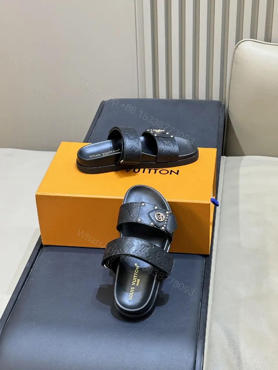 View 6 of Black Leather Slides Louis Vuitton Style Slide Sandals