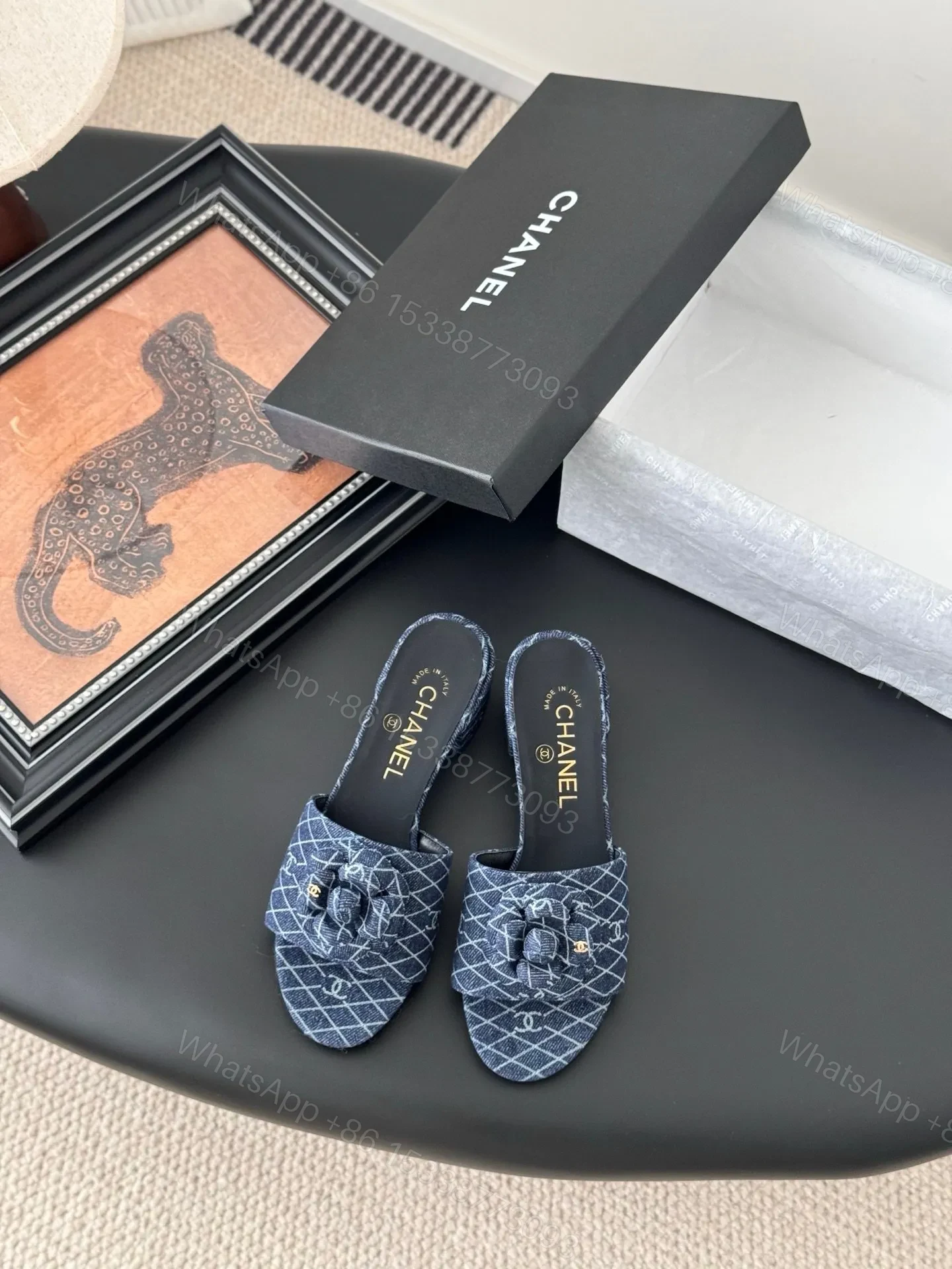 Chanel Women Blue Fabric Open Toe Mules — view 1