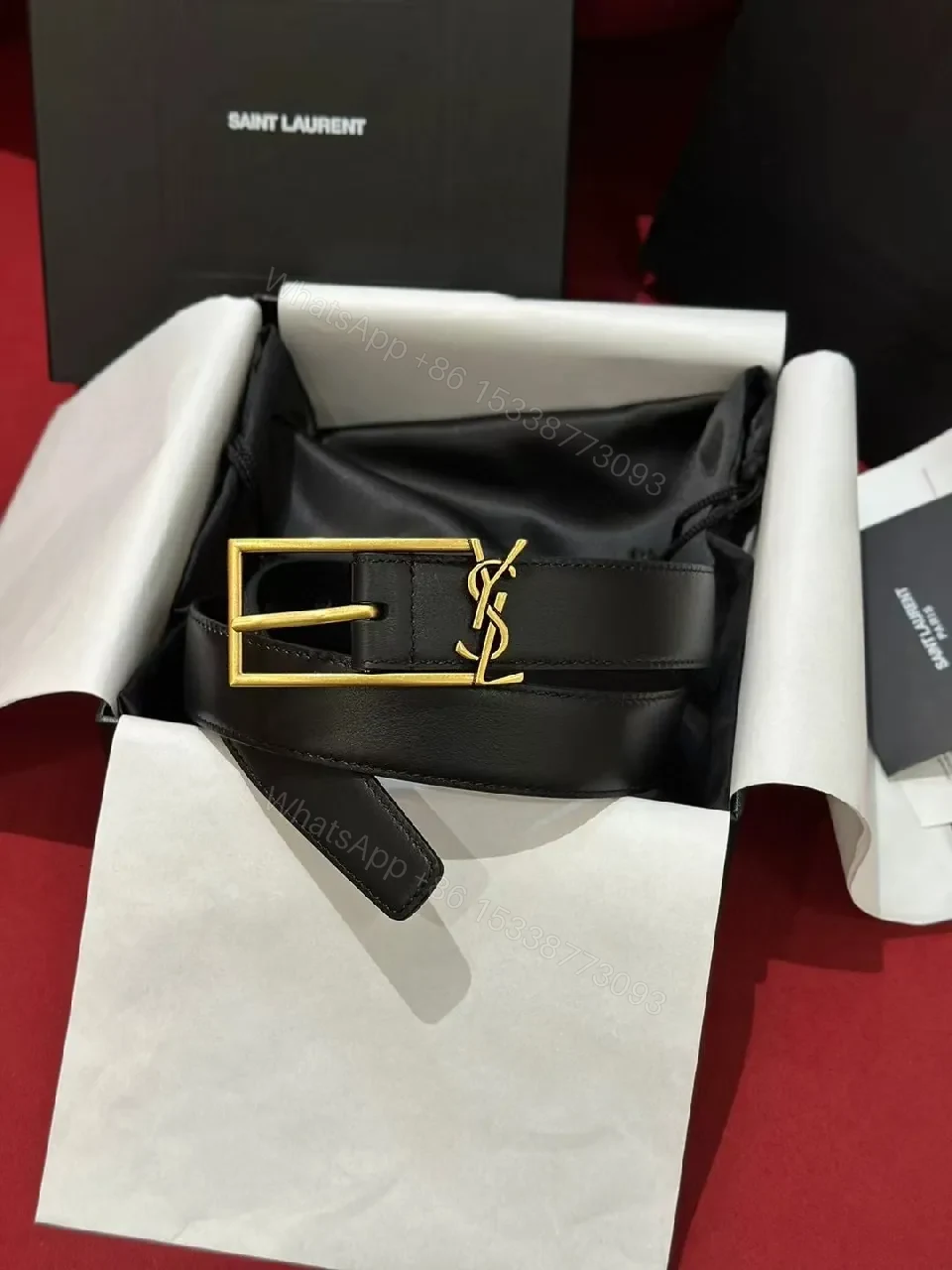 View 5 of Sleek Black Leather Belt with Gold Buckle Detail
