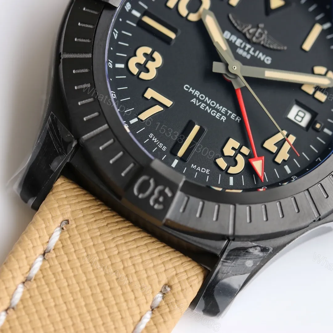 View 4 of V9 Factory Breitling Avenger Automatic GMT 45 Night Mission Watch – Black DLC Titanium Case, Beige Leather Strap, Super-LumiNova Arabic Numerals
