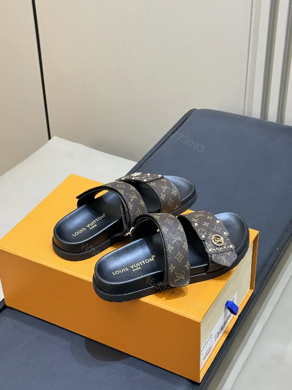 View 5 of Black Monogram Leather Sandals with Louis Vuitton Style Slides