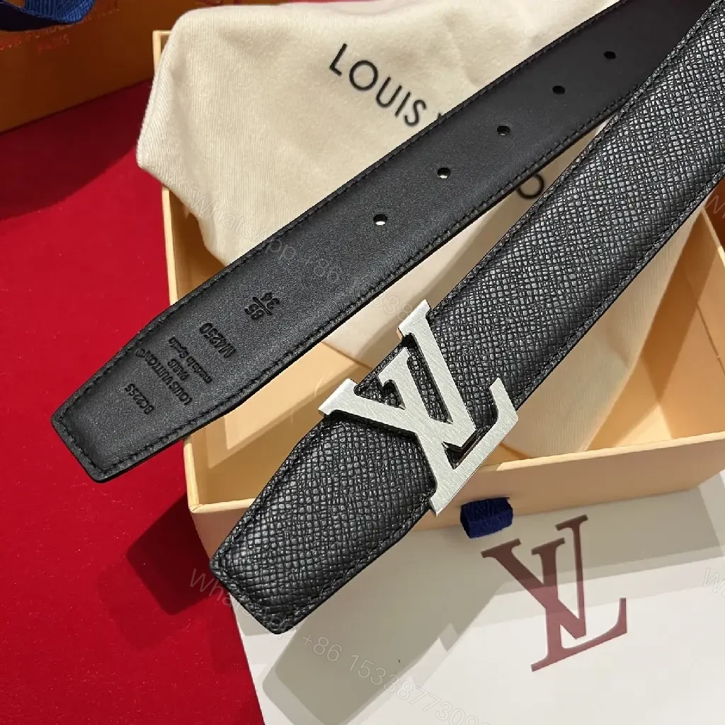 View 4 of Black Leather Belt with LV Buckle - Textured Full-Grain Formal Style