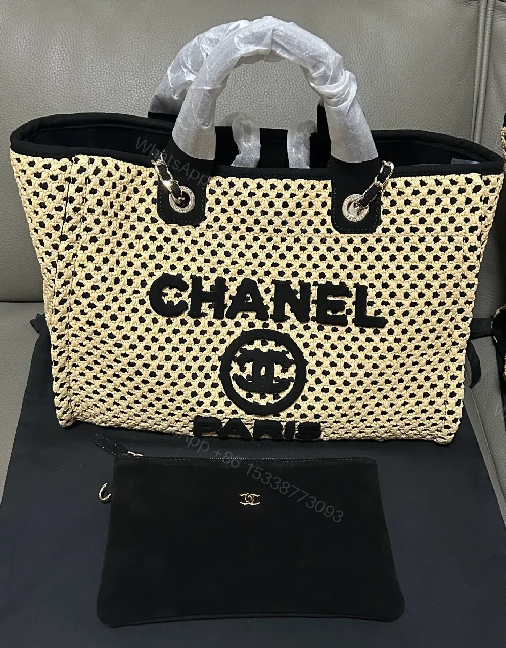 View 3 of Raffia Tote: Signature Logo, Leather Trim, Chic Carry