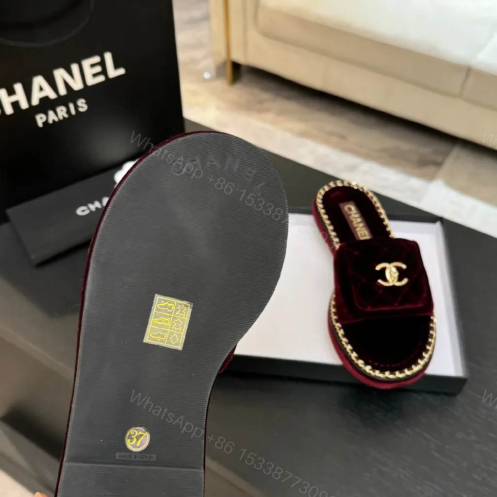 View 5 of Deep Wine Velvet Mules with Gold Chain Trim Slides