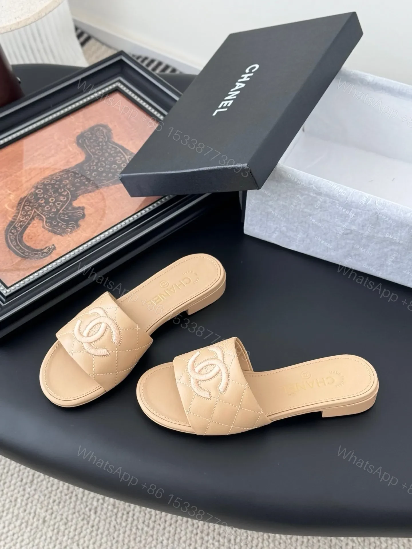 View 2 of Chanel Women Beige Quilted Leather Slides