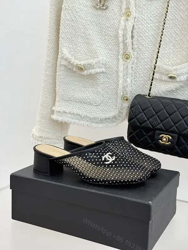 Black Mesh Studded Mules Chanel Style Slippers — view 1