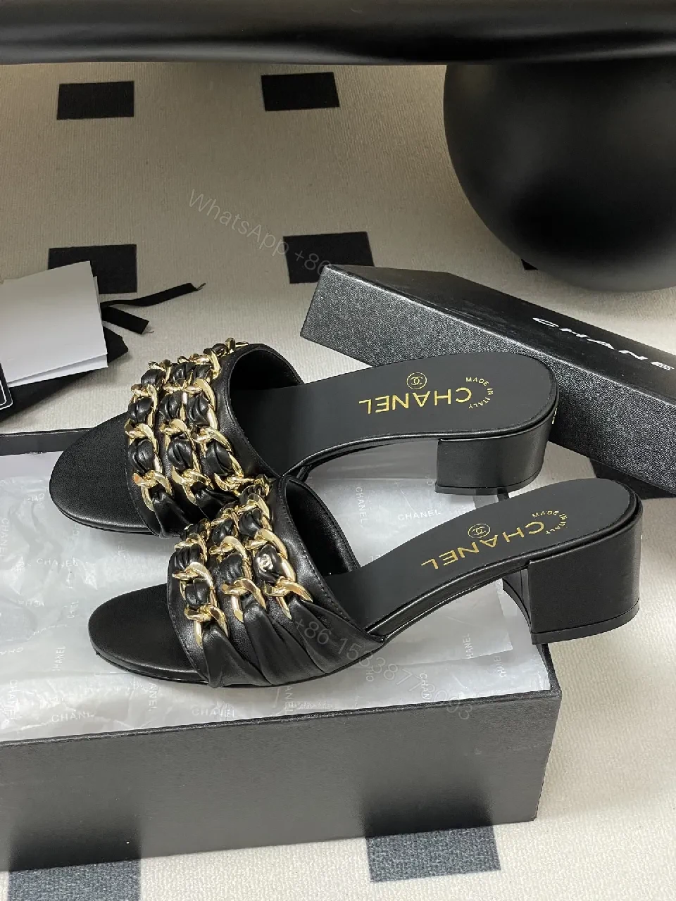View 2 of Black Leather Slide Sandals with Gold Chain Detail: Luxe Everyday