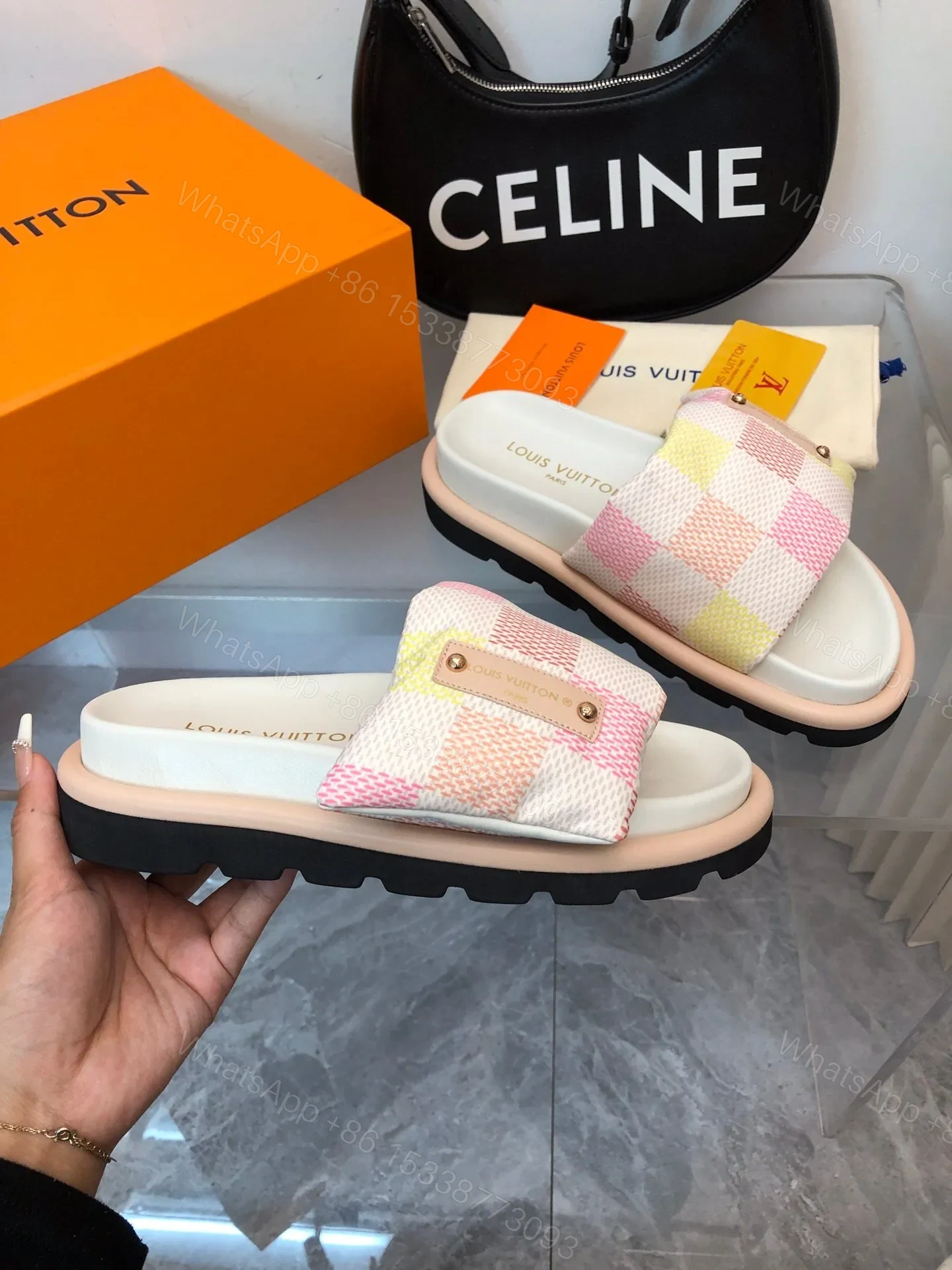 View 4 of LV Women Pastel Checkered Fabric White Slide Sandals