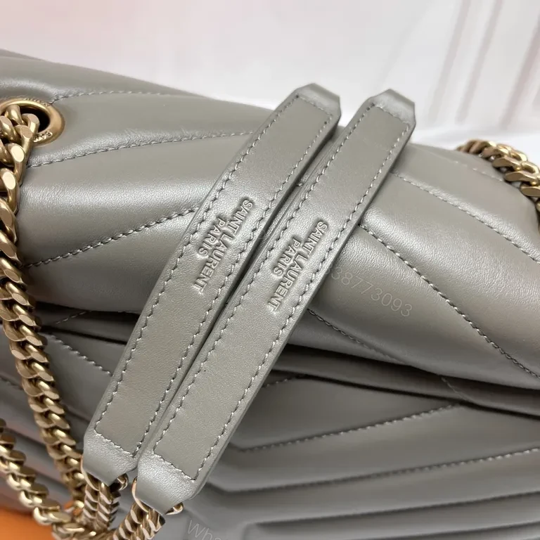 View 2 of Chic Quilted Gray Leather Flap Bag with YSL Gold Monogram