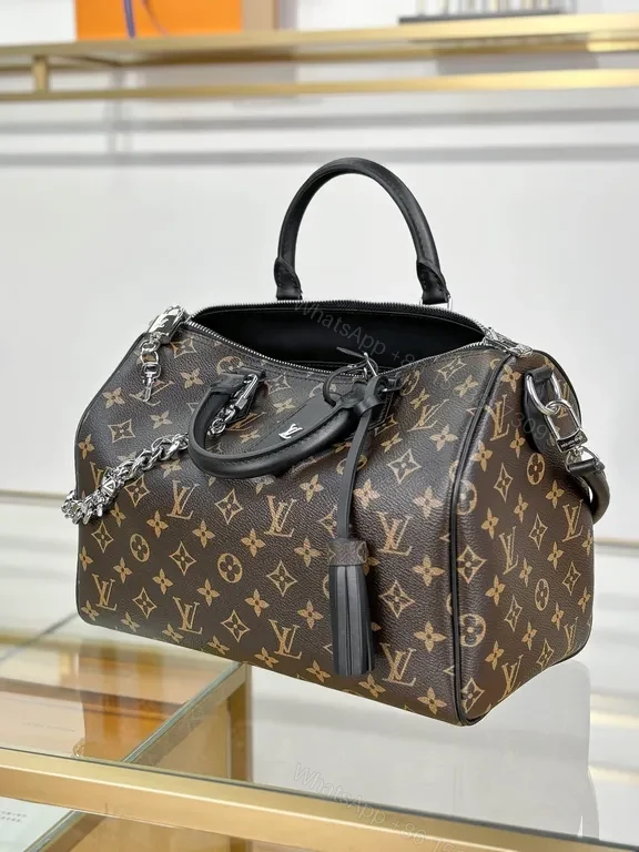 View 6 of Monogram Lux Satchel: Chain Detail Leather Trim Bag