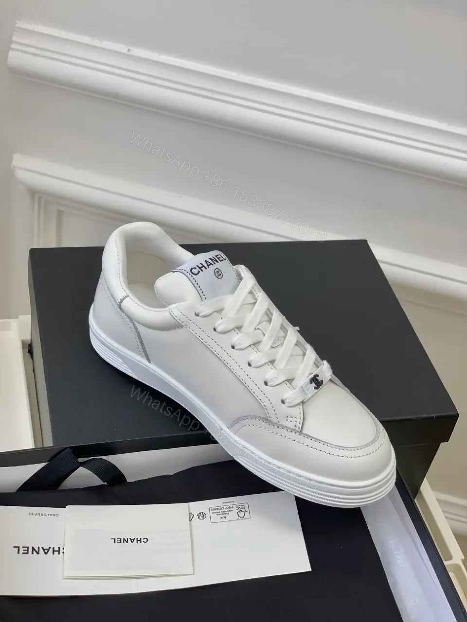 View 8 of White Leather Sneakers: Minimalist High-Tops with Gold Logo