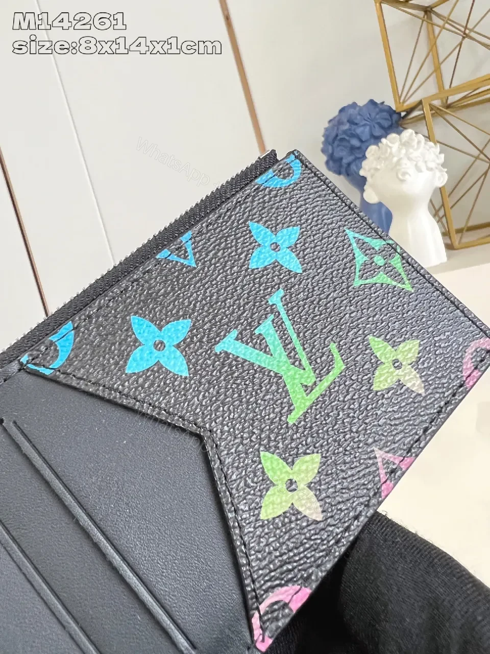 View 2 of Multicolor Monogram Leather Card Case with Zip Pocket