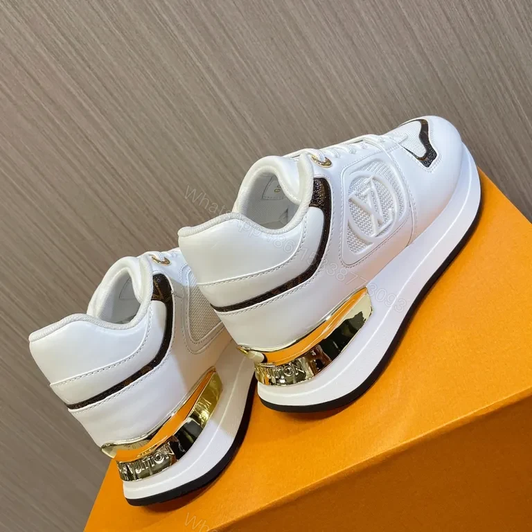 View 5 of White Leather Chunky-Detail Sneaker with LV Motif - Modern Luxury Sneaker