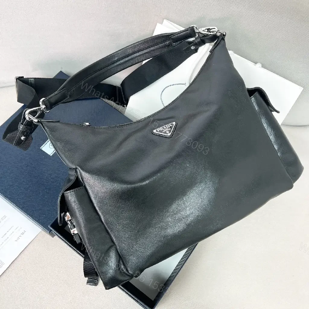 View 10 of Black Leather-Look Modern Hobo Shoulder Bag with Logo Closure