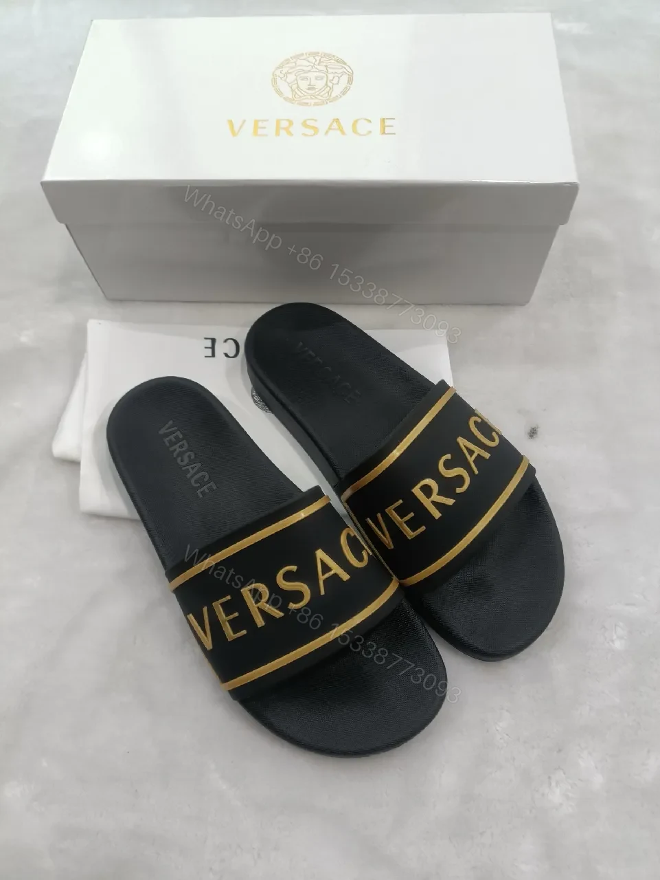 View 5 of Patterned Strap Slides with Gold Accent, Luxe Comfort Sandals