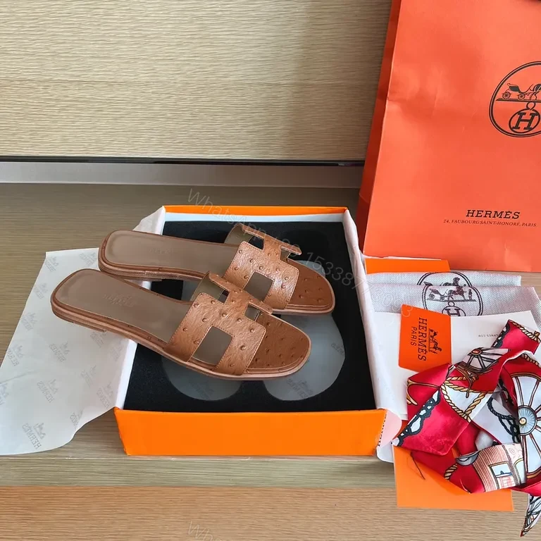 View 3 of Ostrich-Embossed Hermes-Style Sandals: Refined Comfort