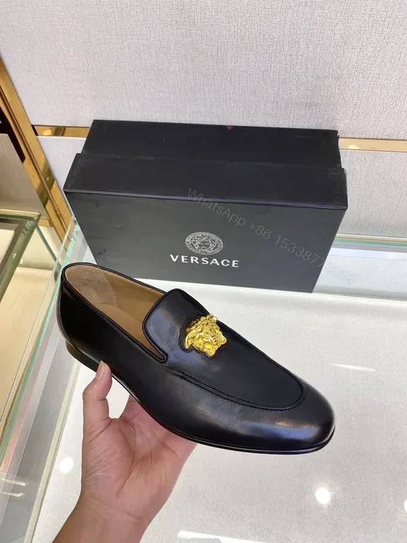 View 4 of Navy Calfskin Loafers + Gold Medusa Buckle â€” Versace-Inspired Luxury