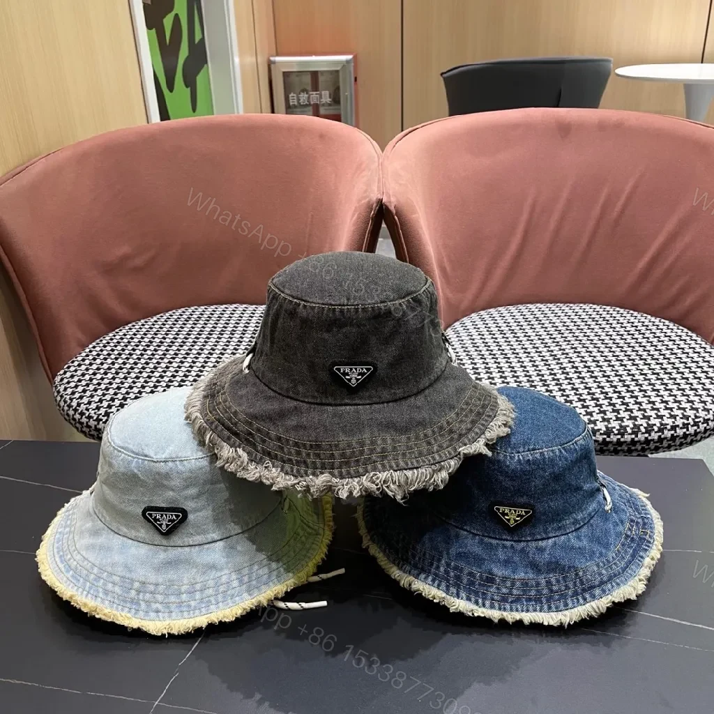 View 8 of Denim Bucket Hat + Distressed Edge + Modern Luxury + Subtle Prada-Inspired Badge + Hat