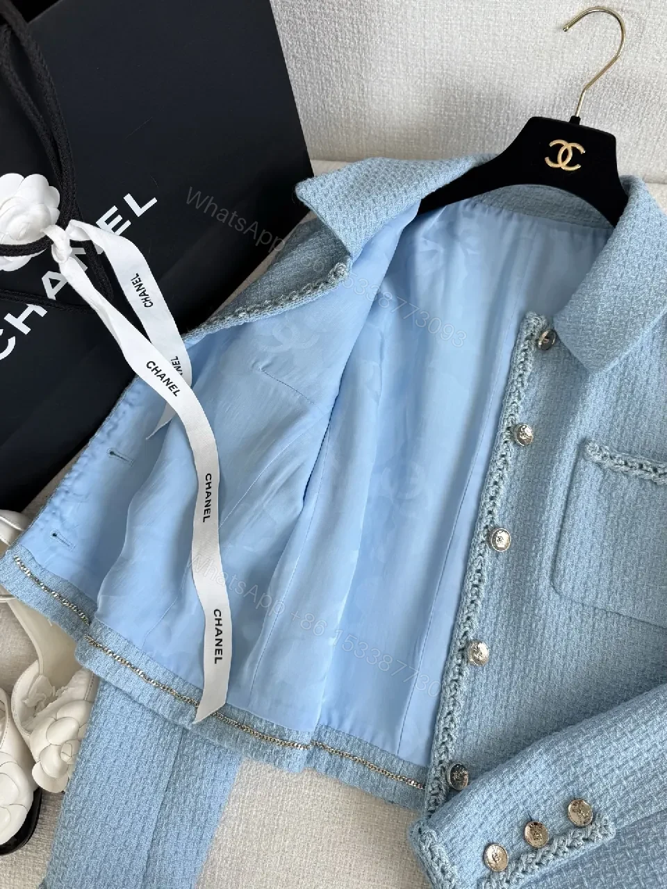 View 9 of Soft Blue Tweed Jacket with Fringe Detail, Light-Cropped Style