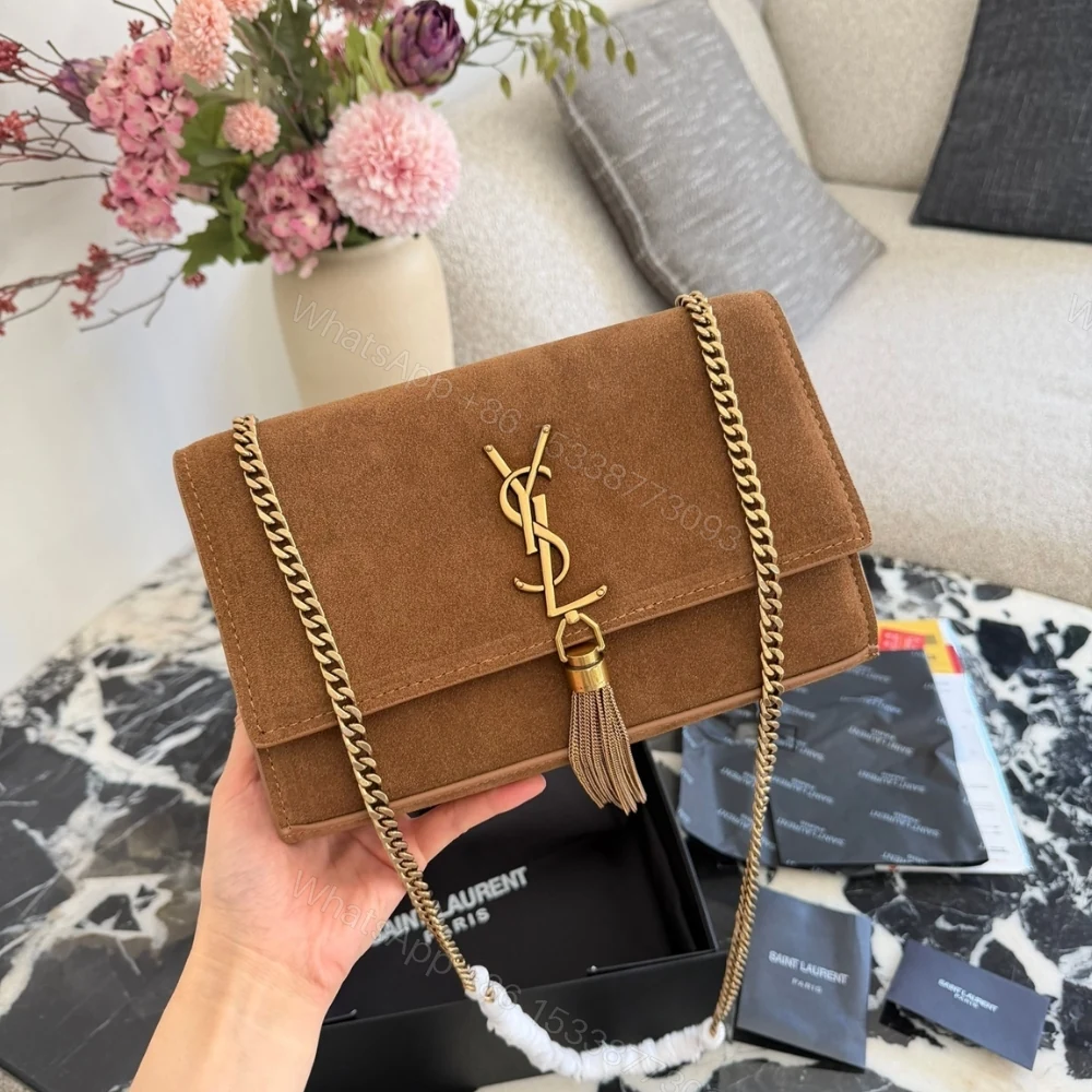 View 3 of Saint Laurent Kate Medium Tassel Crossbody Bag In Brown Suede With Gold Tone 22Cm