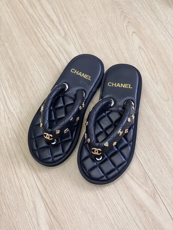 View 5 of Quilted Leather Chanel-Style Slides with Gold Logo Accents