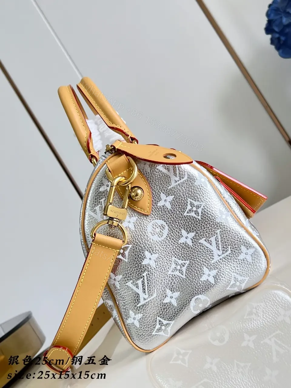View 7 of Silver Monogram Satchel - Reflective Leather Luxury Bag