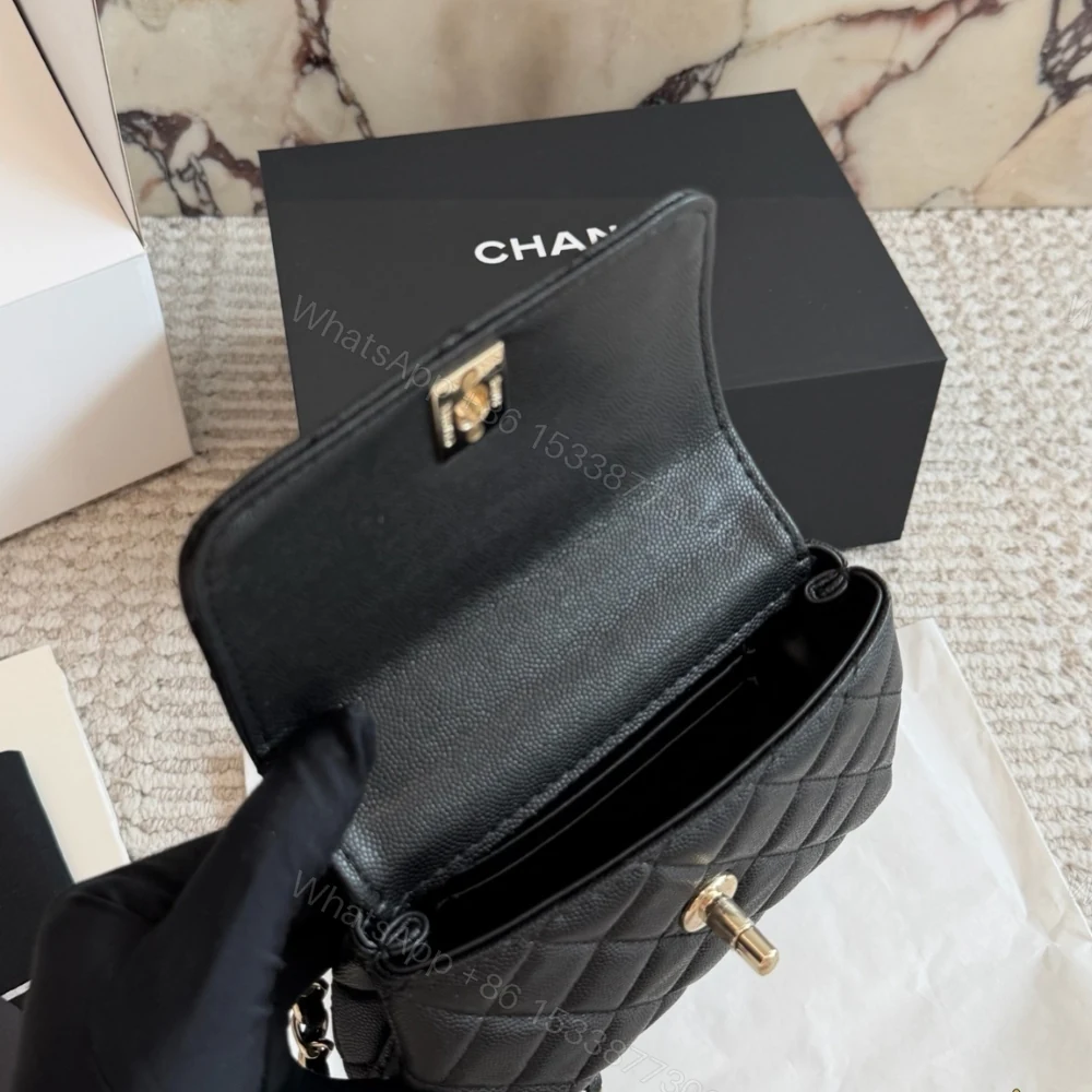View 8 of Chanel Mini Flap Bag With Top Handle Shiny And Gold Tone Metal Black 15Cm