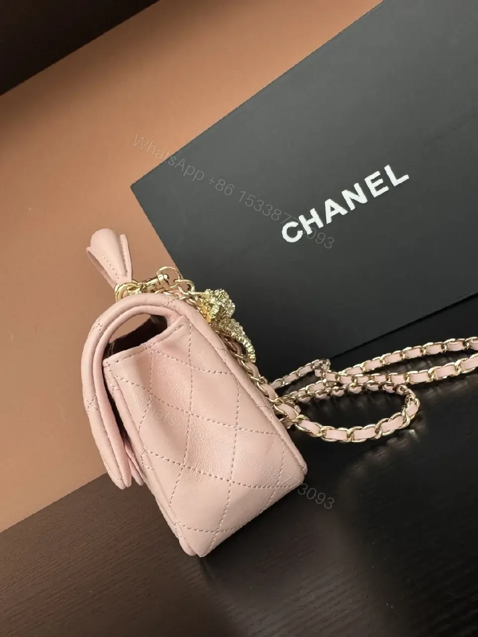 View 7 of Pink Quilted Mini Flap Bag with Crystal Bow Accent (No Brand)