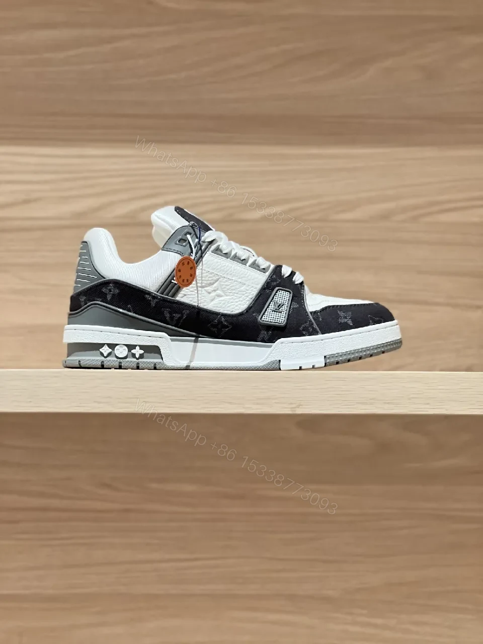 View 2 of Two-Tone White & Black Leather Low-Top Sneaker with Luxury Details