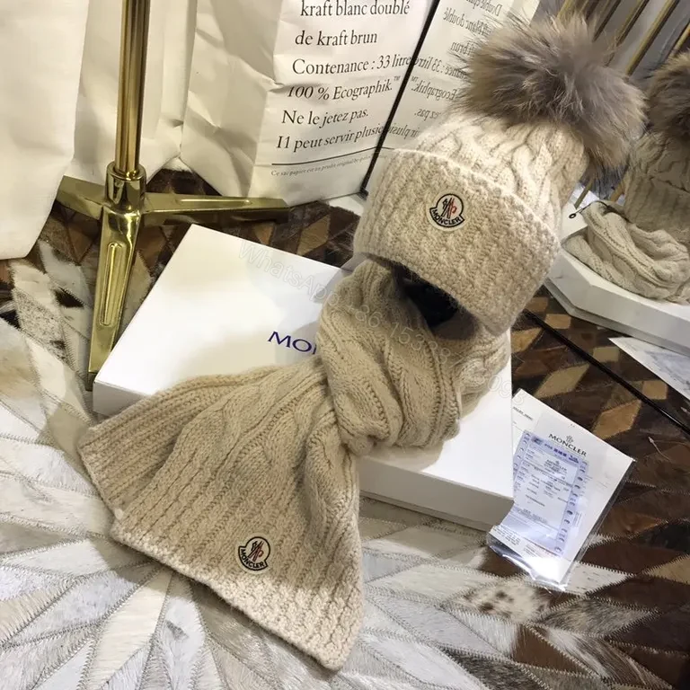 View 8 of Chic Moncler Knit Set: Cream Wool-Blend Scarf & Beanie