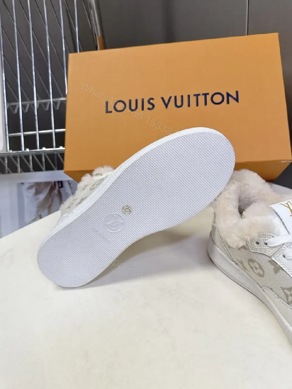 View 5 of White Leather Fur-Trim High-Top Sneakers + Plush Detail