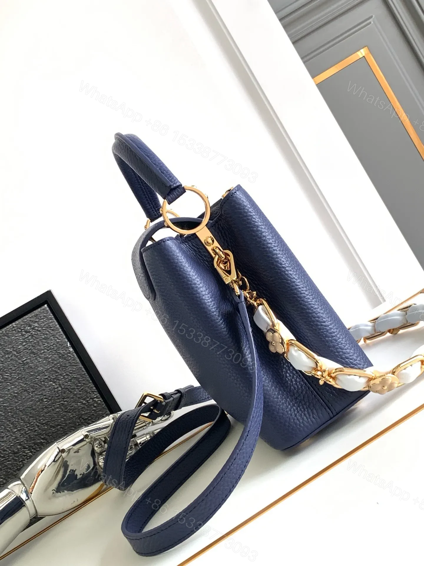 View 9 of Louis Vuitton LV Capucines BB Woman’ Like Auth Navy Blue Handbags 27x18x9cm