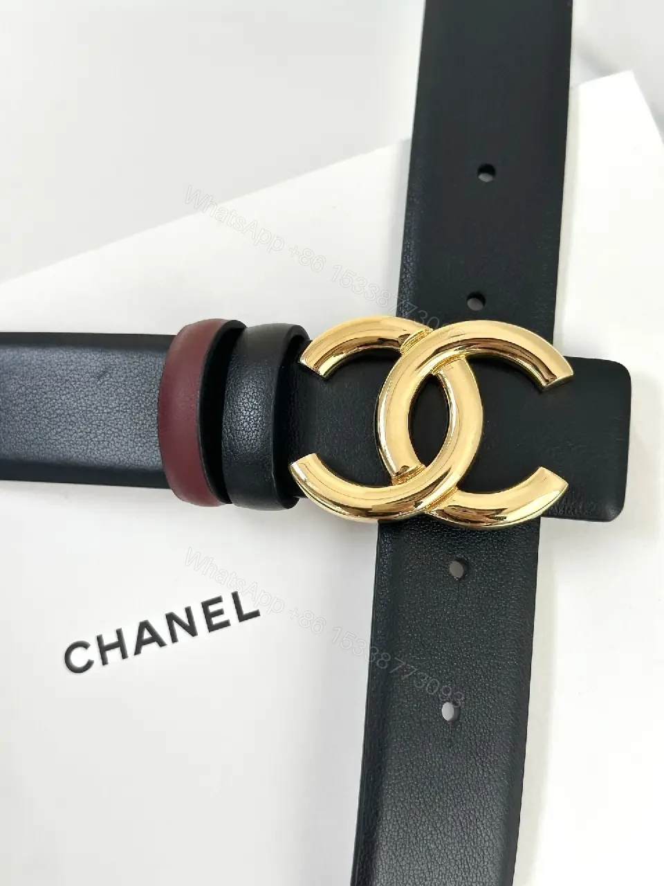 View 9 of Two-Tone Black/Burgundy Leather Belt with Gold Logo Buckle