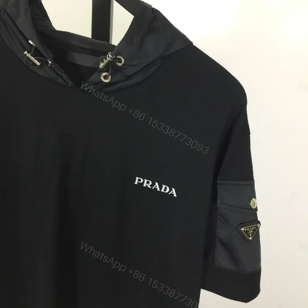 View 6 of Black Jersey Hooded Tee with Minimal Prada Detail