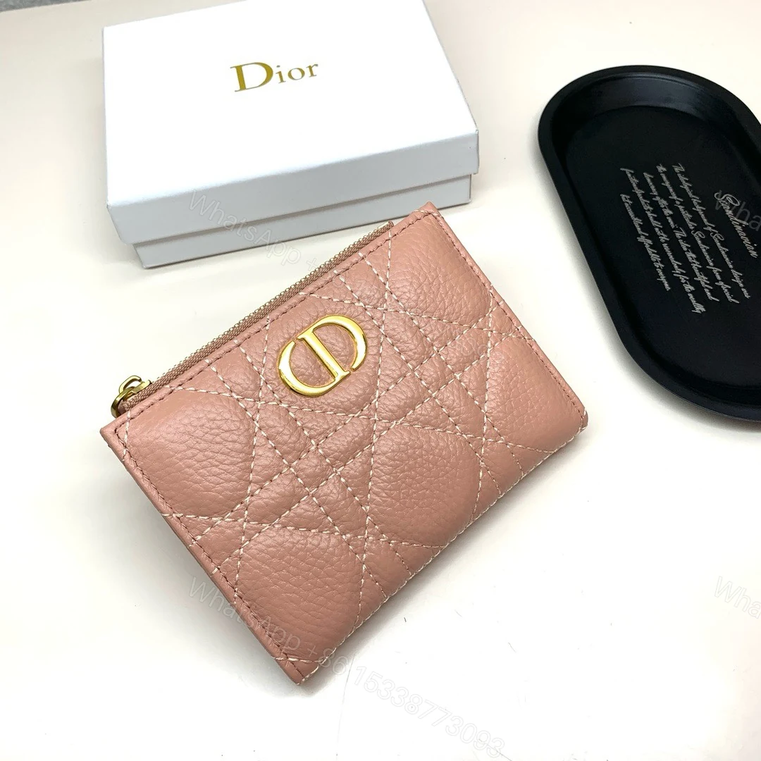 Dior高仿短夾 女士復古粉藤格皮革拉鍊款 CD標精品感升級 — view 1