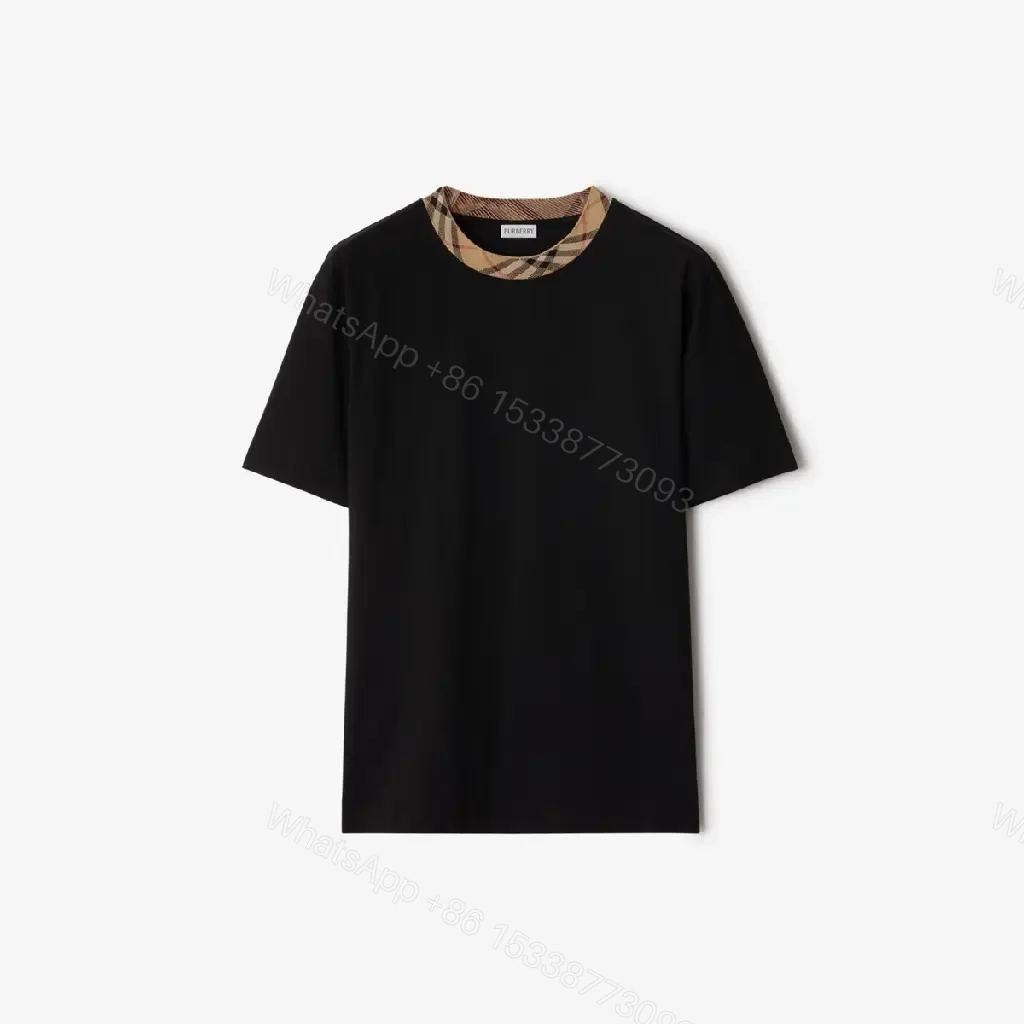 View 3 of Black Cotton T-shirt Plaid Neckline Detail Short Sleeve Tee