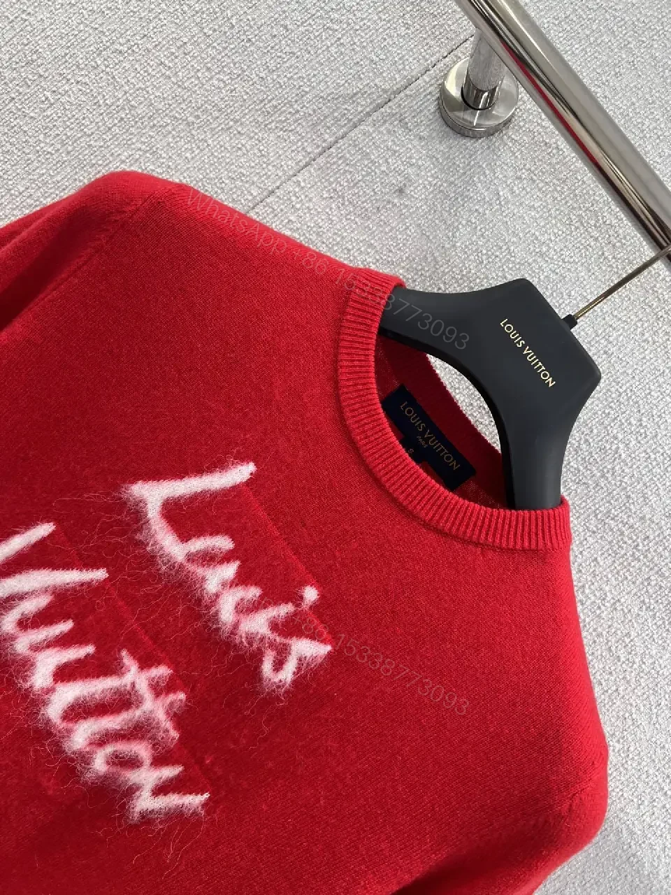 View 5 of Red Knit Crewneck with White Script Sweater Edge
