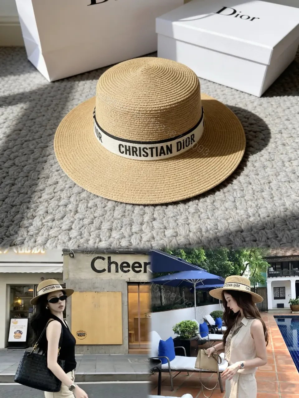 View 5 of Light Beige Straw Fedora Boater Hat with Black-White Band (Christian Dior)
