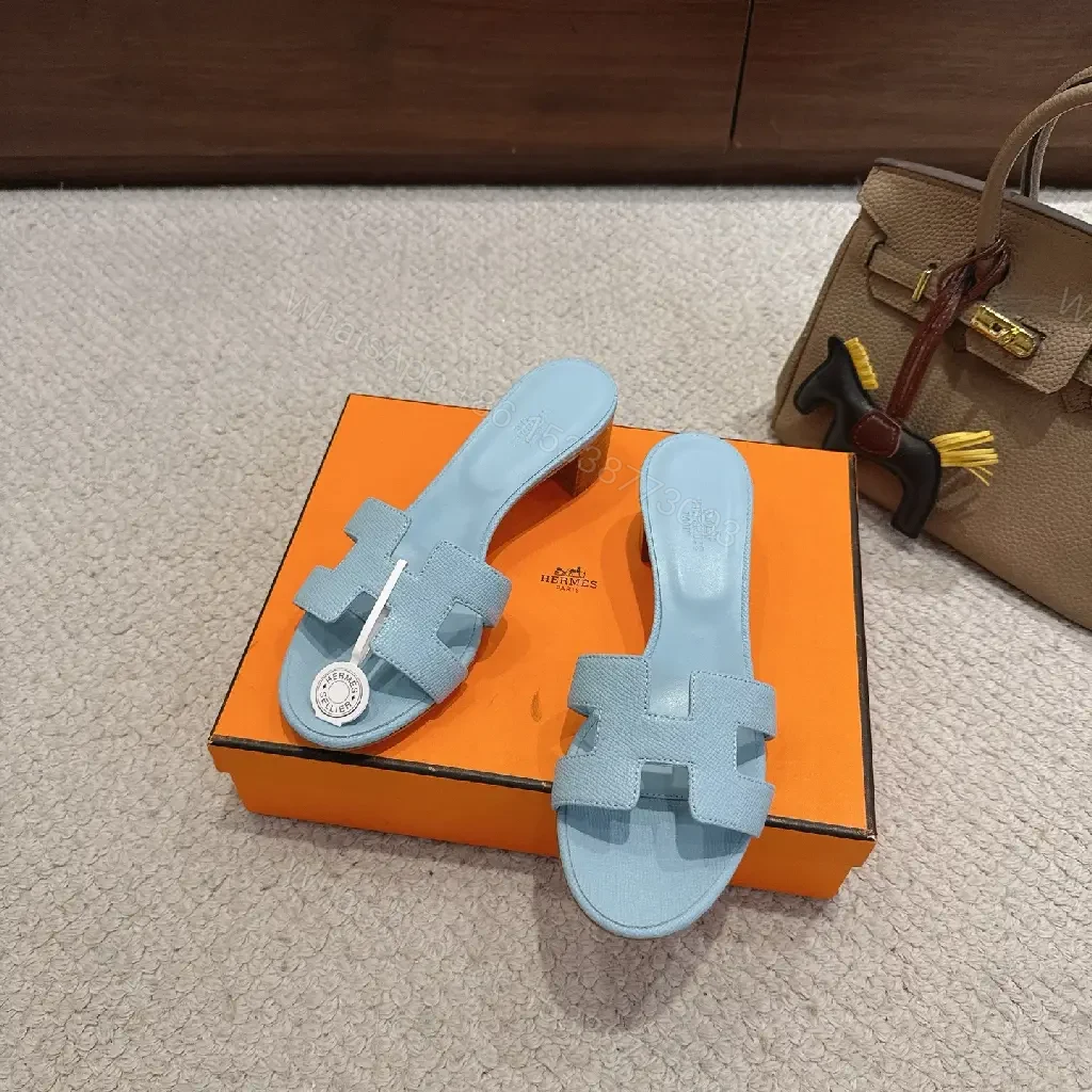View 3 of Blue Leather Sandals Classic Hermes-Style Open-Toe Sliders