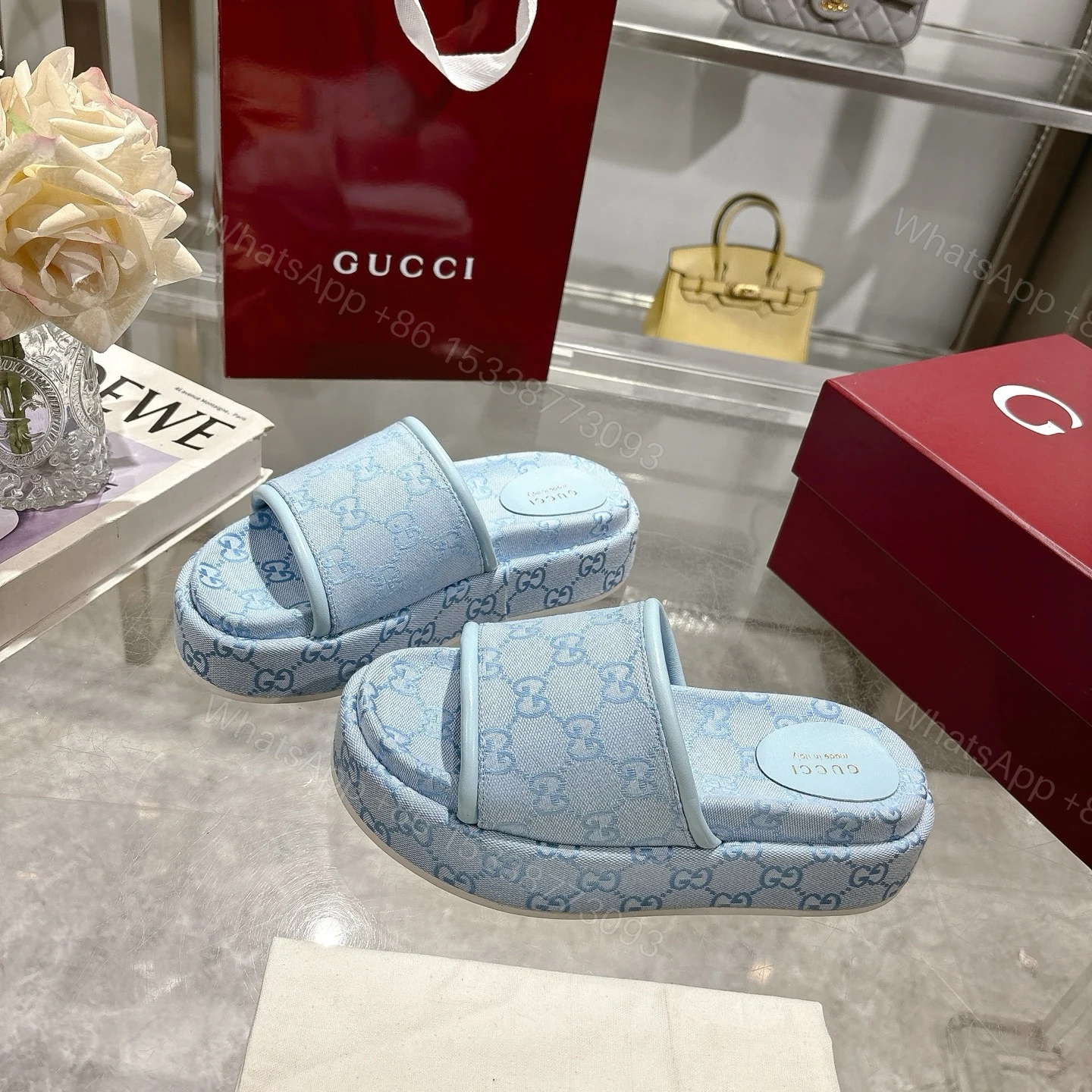 View 5 of GUCCI WOMEN’S GG PLATFORM SANDAL LIGHT BLUE ‎816797 FAD9D 4952