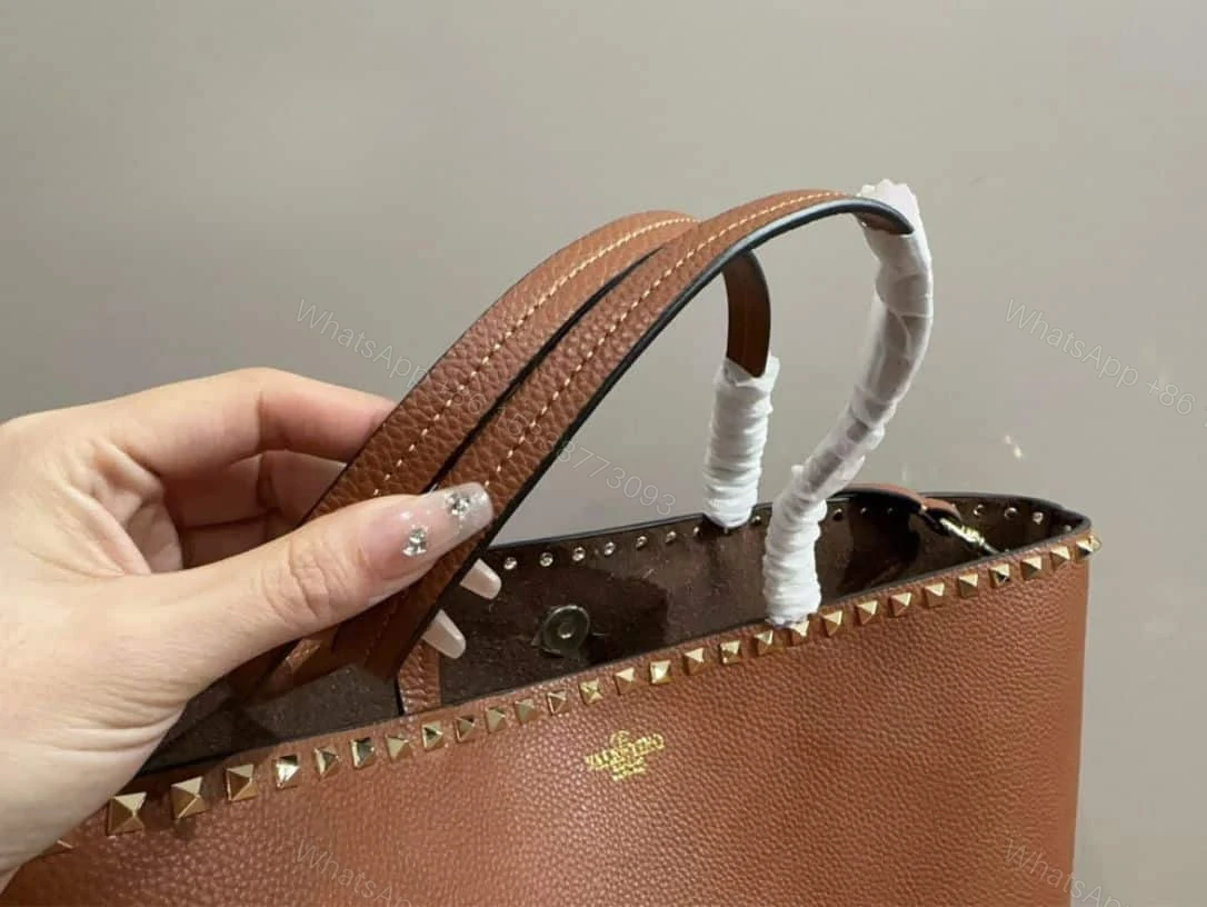 View 7 of VALENTINO GARAVANI ROCKSTUD GRAINY CALFSKIN TOTE BAG BROWN 35CM 1W2B0B70VSF HG5