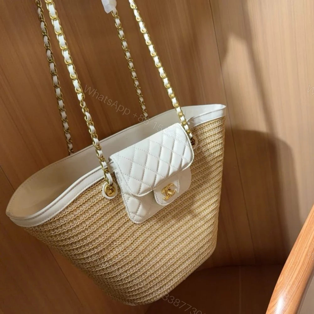 View 4 of Chanel Small Shopping Bag Braided Straw Beige White 25Cm
