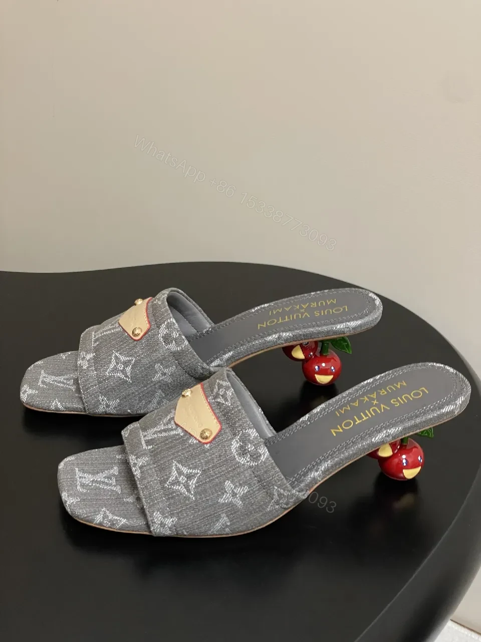 View 2 of Grey Velvet Monogram Mules with Leather Accents: Elevated Comfort