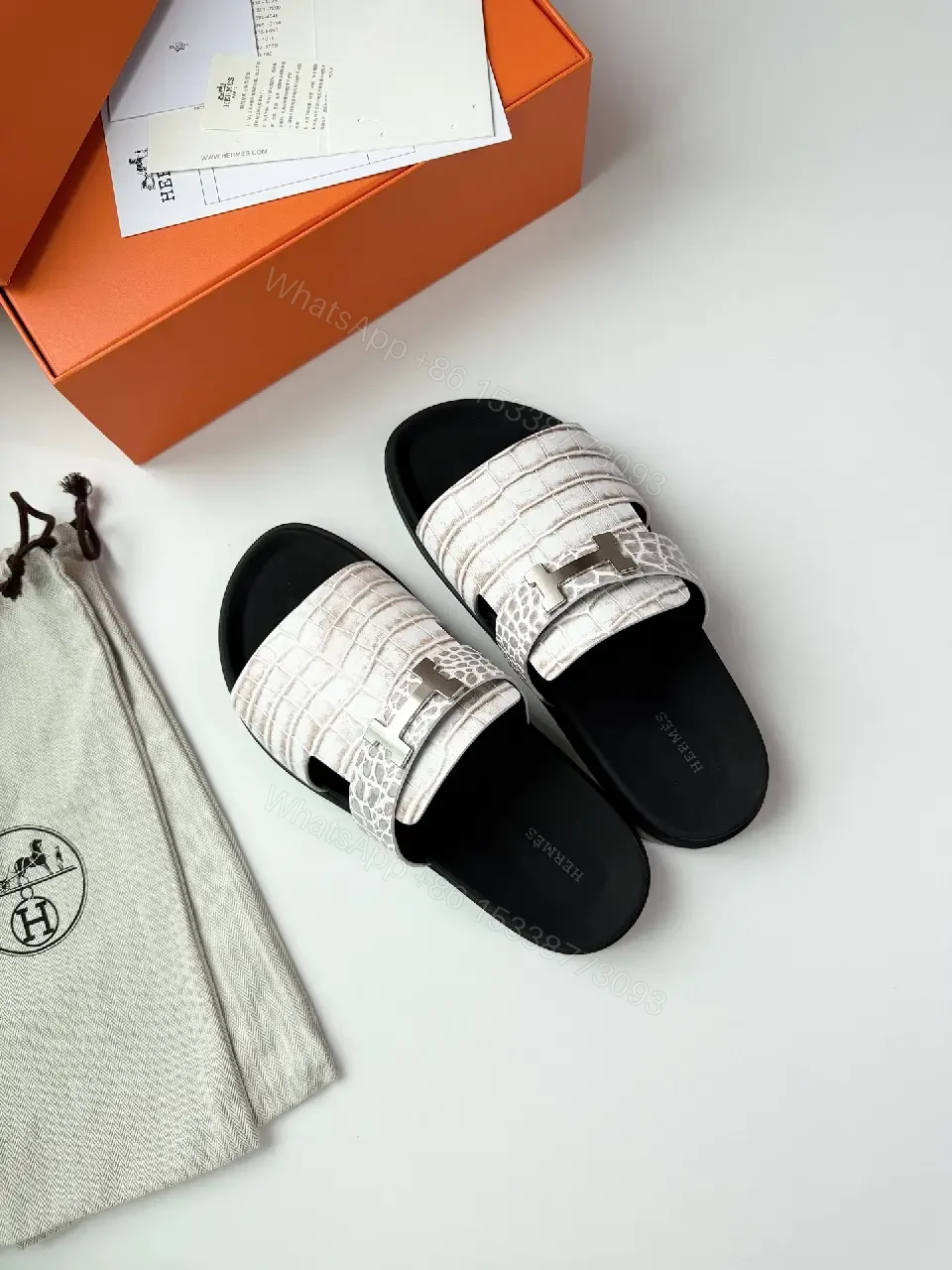 View 9 of White Crocodile-Texture Leather Slides Hermes Style Belt Sandals