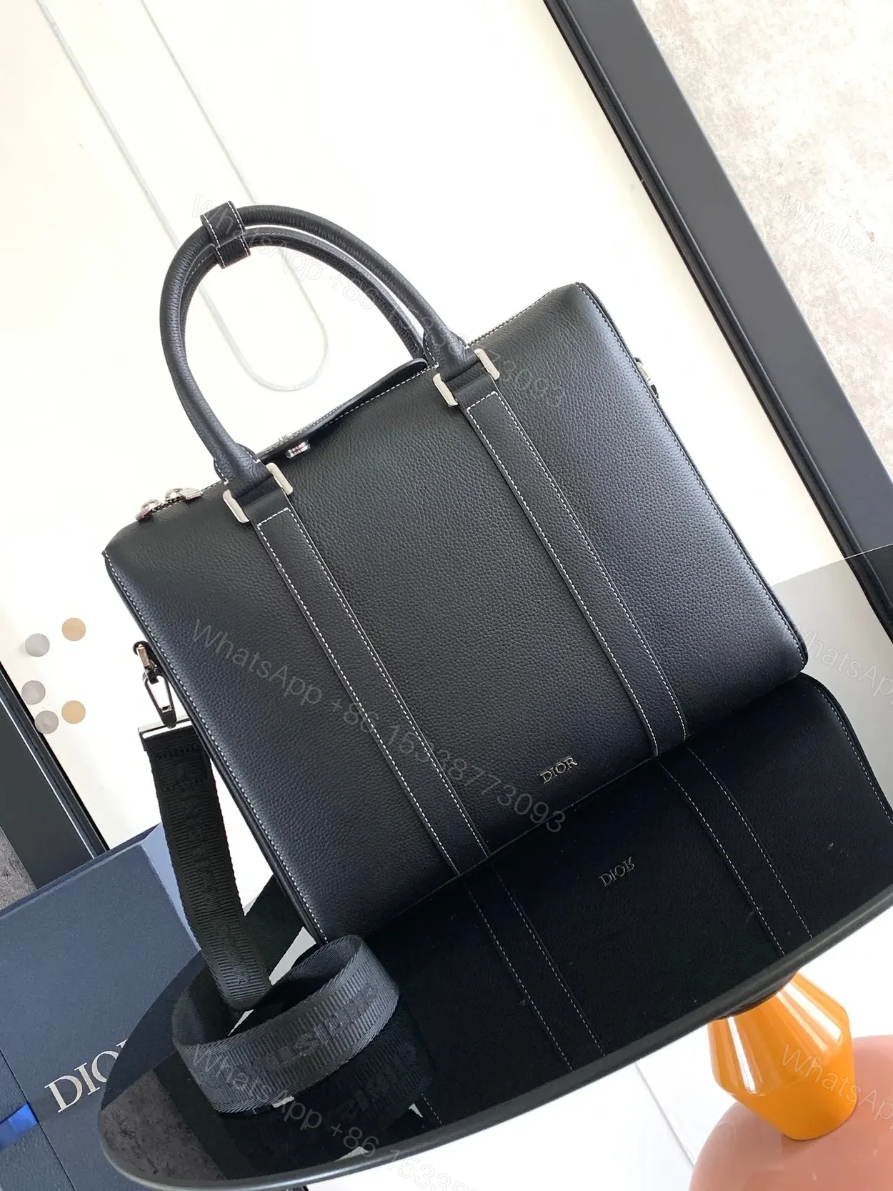 Dior Lingot Briefcase in black grained calfskin leather — view 1