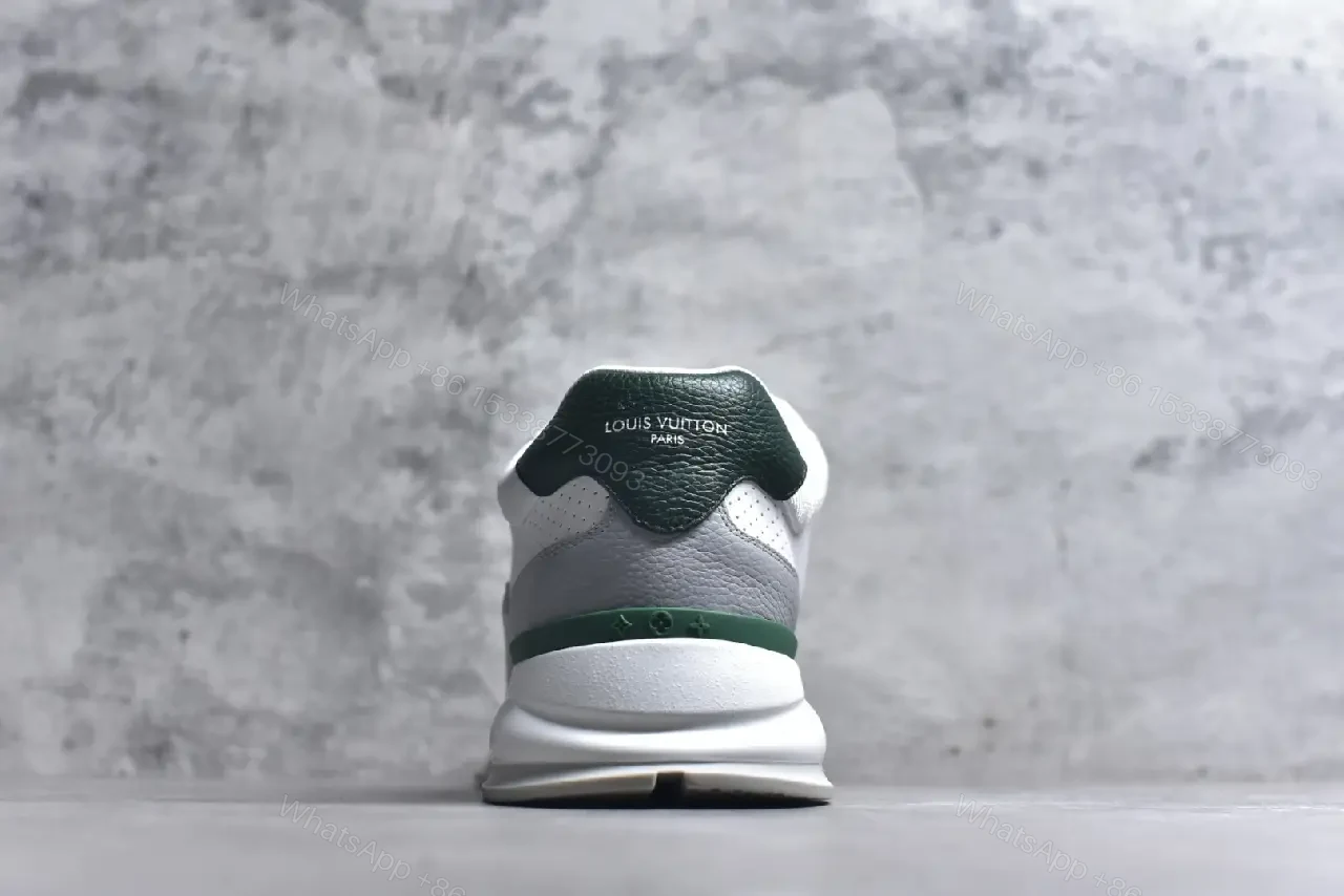 View 3 of Modern Knit-Sneaker in Grey Leather with Green Accents, Comfortable Everyday Luxury